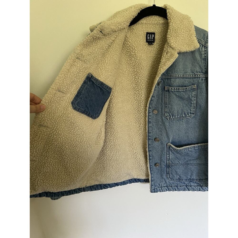 GAP Patch Pocket Sherpa Denim Jacket Chore Coat Barn Style Xs Petite Oversized - Picture 3 of 10